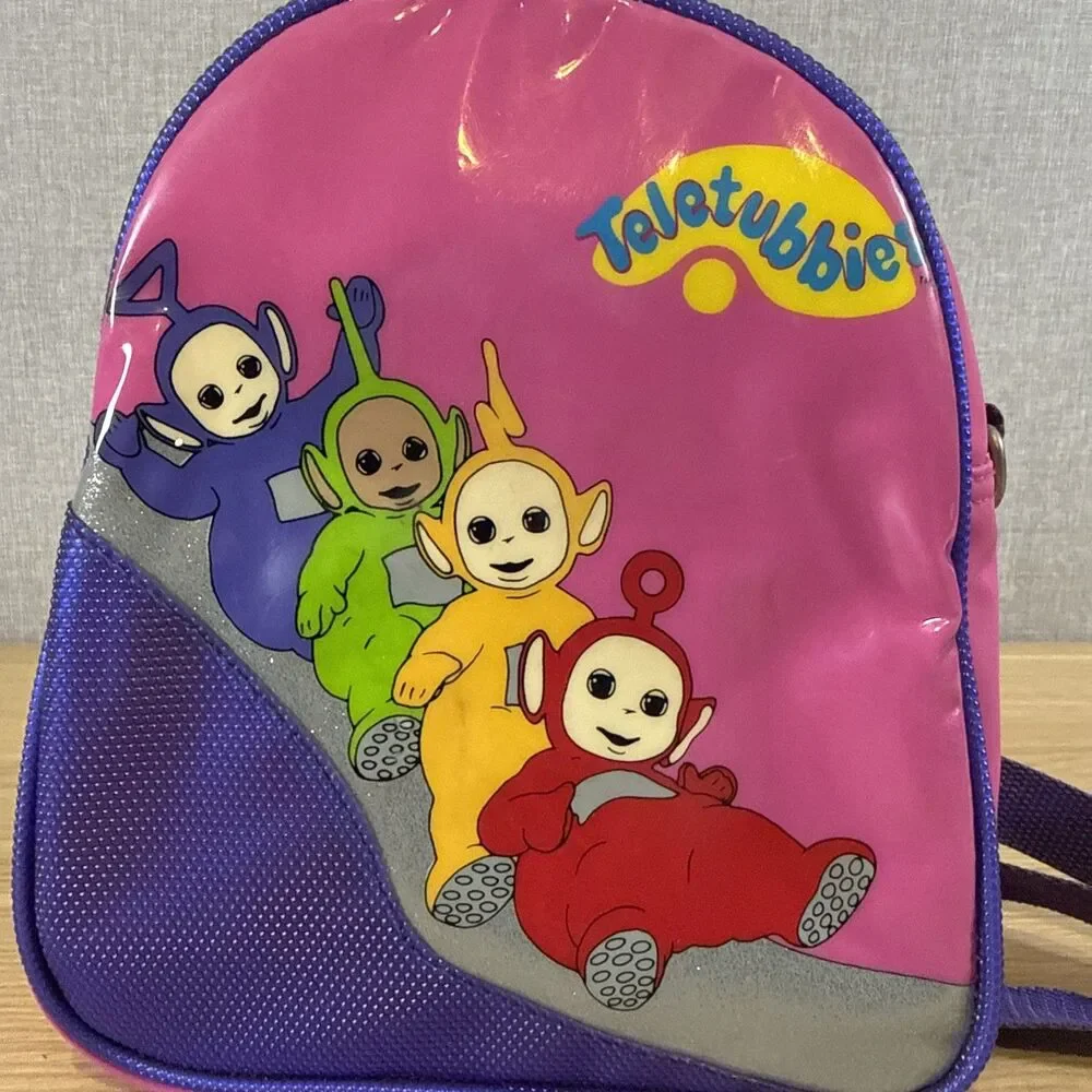 Vtg 1998 Teletubbies Mini Backpack Pink Vinyl Glitter Ragdoll Y2K Rave Bag